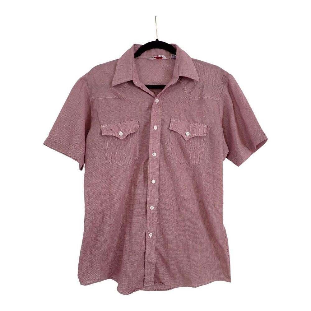 Tour De Force Shirt L Short Sleeve Button-Up Red Check Casual Vintage Western